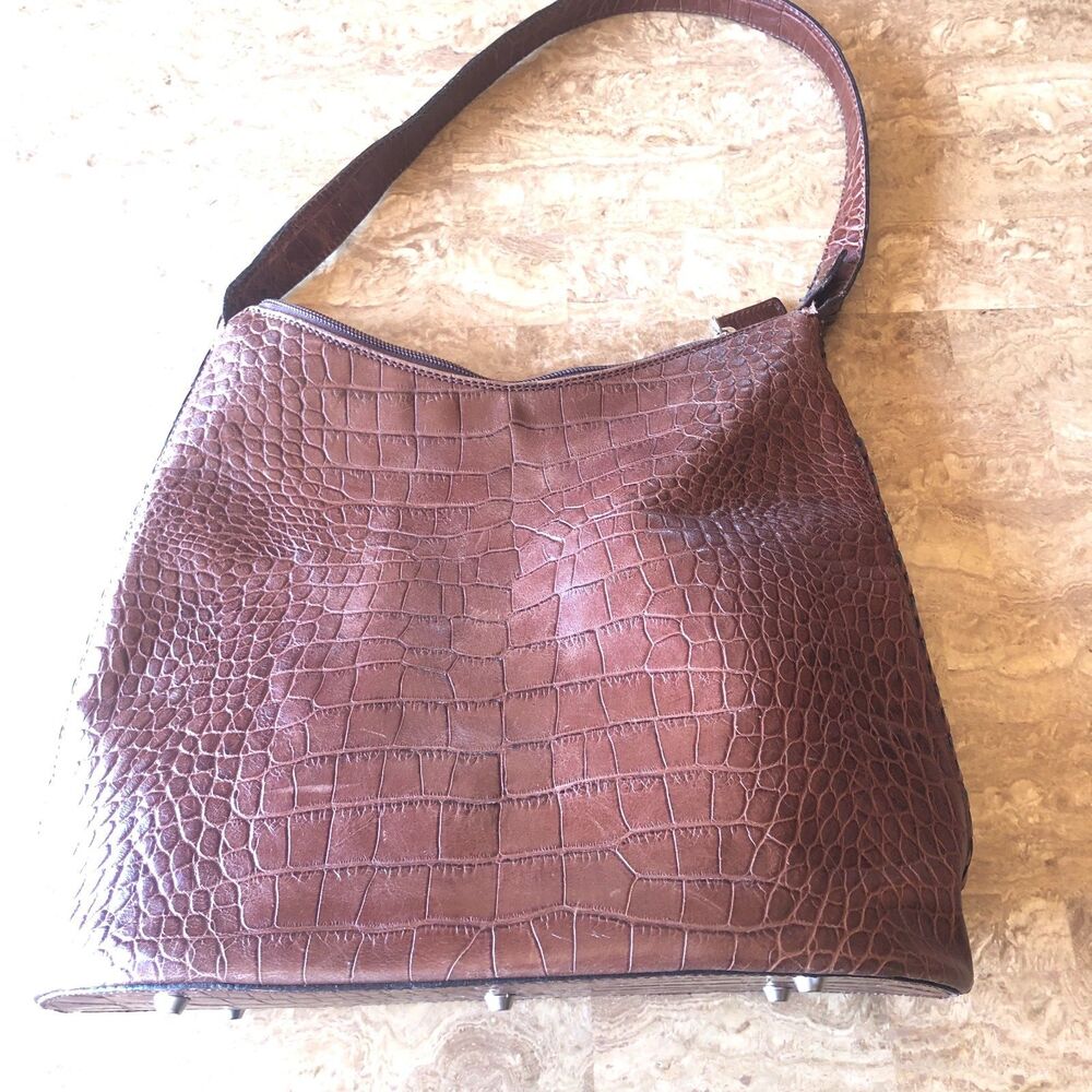 Christian Leather Brown Shoulder Bag Crocodile-Embossed